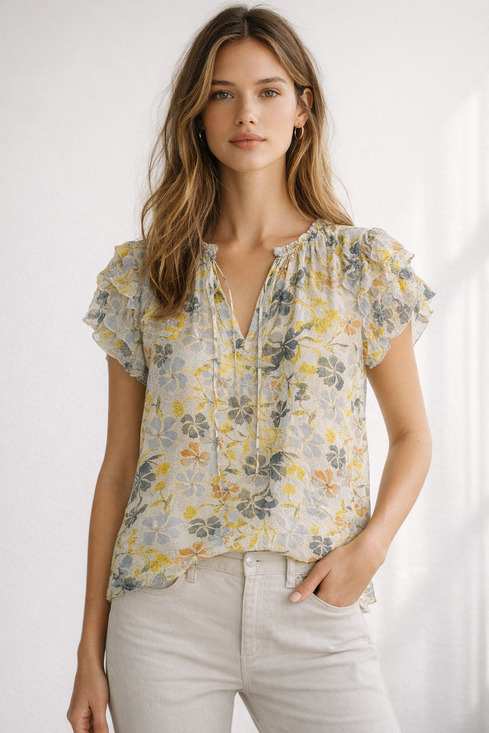 Joie Tops - NWT Joie 100% Silk Floral Flutter Sleeve V-Neck Blouse Cerulean M